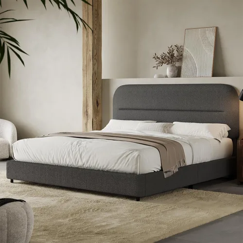 Miniatura 13 de HOMBCK - Base de cama tapizada de tejido bouclé con cabecera suave con diseño de esquinas redondeadas, listones de madera, no requiere somier, fácil