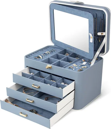 KAMIER Joyeros para mujer, organizador de joyas de 4 capas con espejo, 3 cajones, caja de joyería grande para pulseras, aretes, anillos, collares,