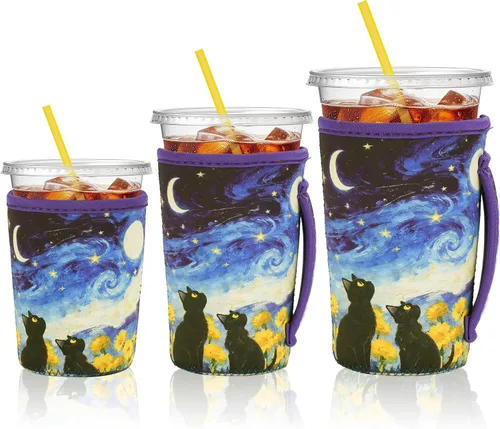 Miniatura 8 de KJQJLY Paquete de 3 fundas reutilizables para café helado con asa, de neopreno, aisladas, para bebidas calientes y frías, se adapta a tazas de 16 a