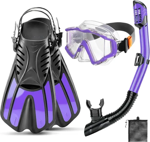Miniatura 9 de Equipo de esnórquel para niños y adultos, juego de aletas de máscara de esnórquel 4 en 1 con máscara de esnórquel de 3 ventanas, esnórquel superior