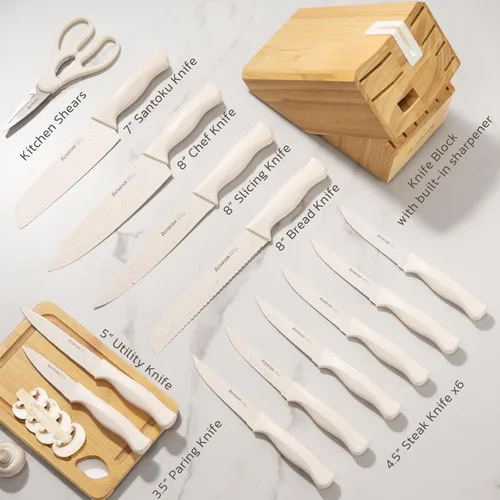 Miniatura 3 de Astercook Juego de cuchillos de cocina de 15 piezas con bloque de afilador, cuchillos alemanes de acero inoxidable con revestimiento antioxidante