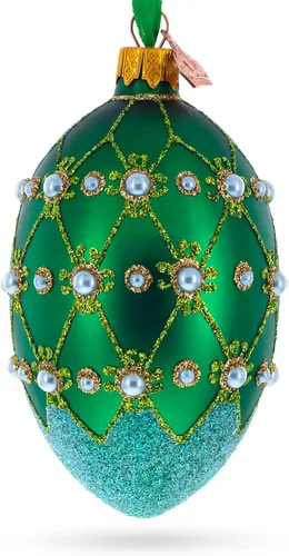 Miniatura 2 de Perlas en verde enrejado huevo de cristal adorno 4 pulgadas
