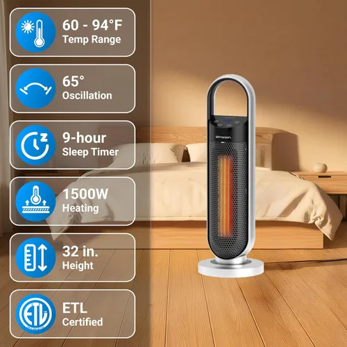 Miniatura 4 de Emerson SmartVoice - Calentador de espacio en torre de 23 pulgadas, control de voz sin conexión, calentamiento rápido de 1500 W, oscilación de 65°