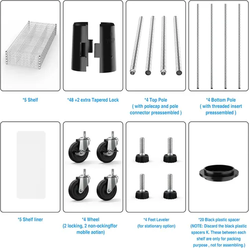 Miniatura 6 de Estantería de alambre NSF de 5 niveles, estante de almacenamiento ajustable resistente con ruedas y revestimientos de estantes para estante