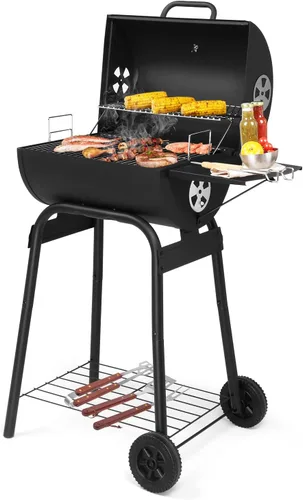 Miniatura 8 de Outvita Asador de carbón en barril con rejilla para calentar, parrilla de barbacoa al aire libre con mesa lateral delantera con amplia área
