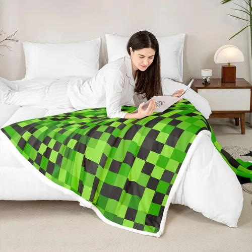 Miniatura 4 de Manfei Miner Style Grid Throw Blanket Green Pixel Shade Plaid Fleece Blanket Modern Geometric Games Cozy Throws for Bed Couch Sofa,Kids Boys Girls