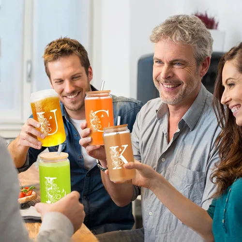 Miniatura 4 de Vasos de vidrio con iniciales con tapas y pajitas, regalos con monograma para mujeres, vaso de vidrio de cerveza de 16 onzas, taza de café helado