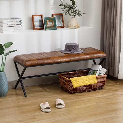 Miniatura 8 de DUHOME Banco de entrada moderno tapizado de piel sintética, banco de tocador con patas en X de metal, banco de dormitorio copetudo para sala