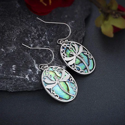 Miniatura 4 de Aretes de libélula chapados en oro blanco aretes colgantes de concha natural de moda para mujeres y niñas Metal Abulón