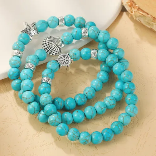 Miniatura 2 de 3 pulseras de turquesa con diseño de océano y cruz de conchas marinas, piedras de cristal curativas, pulseras de cuentas redondas elásticas