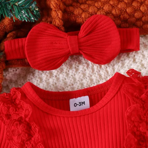 Miniatura 4 de Ehfomius Conjunto de mameluco de Navidad para bebé niña, con volantes, de manga larga, a cuadros, con diadema