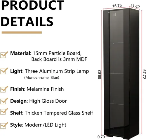 Miniatura 2 de Gabinete de pantalla LED de 67 pulgadas con 4 estantes de vidrio y 1 puerta, gabinete de almacenamiento moderno de la colección Curio, estantería