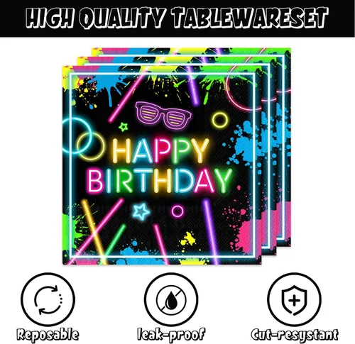 Miniatura 4 de Platos y servilletas de cumpleaños de neón, decoraciones de fiesta, 40 piezas que no brillan para baby shower, decoraciones de fiesta de cumpleaños