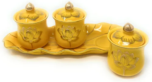 Miniatura 2 de Houlu Juego de 3 tazas de altar, taza de cerámica para ofrenda de agua bendita, taza de adoración budista tibetana (amarillo)