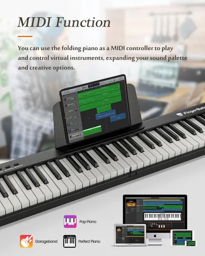 Miniatura 4 de Teclado de piano portátil, piano digital plegable semipesado de 88 teclas, tamaño completo, grano de madera, teclado de piano eléctrico con Negro