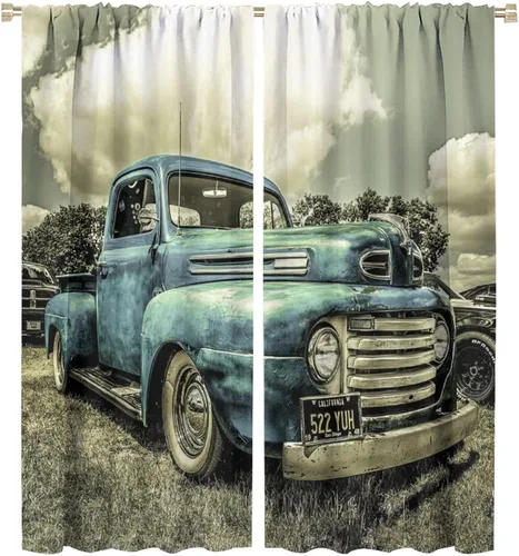Cortinas opacas vintage para automóvil, estilo retro, rústico, camión, color azul antiguo, para dormitorio, sala de estar, 2 paneles, 42 x 45