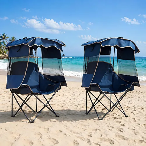 Miniatura 7 de ABORON Silla de camping con toldo, silla de playa plegable con sombra, silla portátil para exteriores con portavasos y bolsa refrigeradora