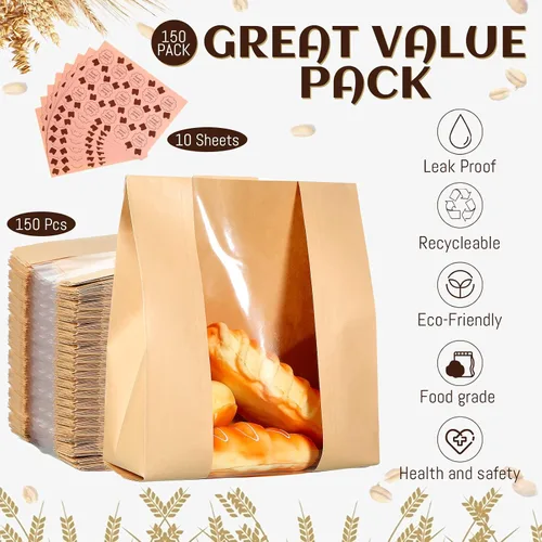 Miniatura 5 de Meanplan 150 bolsas de panadería con ventana, bolsas grandes de papel para pan casero, embalaje Kraft con 10 hojas de calcomanías para pan de masa