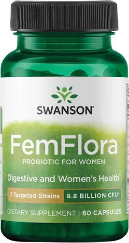 Swanson FemFlora - Probiótico para mujer para apoyo a la salud digestiva, urinaria y vaginal femenina, con 9 mil millones de UFC por cápsula (60