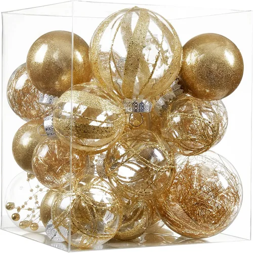 Adornos de esferas navideñas transparentes, 24 unidades - Juego de adornos de esferas de Navidad de plástico irrompibles y decorativas para colgar