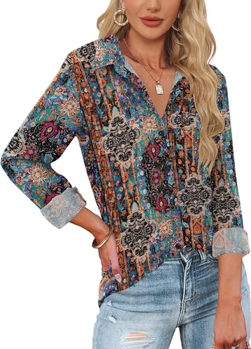Miniatura 6 de HOTOUCH Camisas de botones de manga larga para mujer, camisas de vestir casuales con cuello en V y cuello, tops para trabajo de oficina, blusa