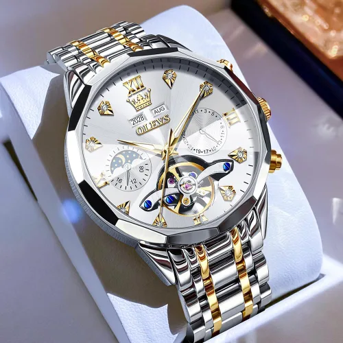Miniatura 48 de OLEVS Reloj de pulsera automático con diseño de esqueleto para hombre, de lujo, con diamantes de lujo, de acero inoxidable, calendario, reloj