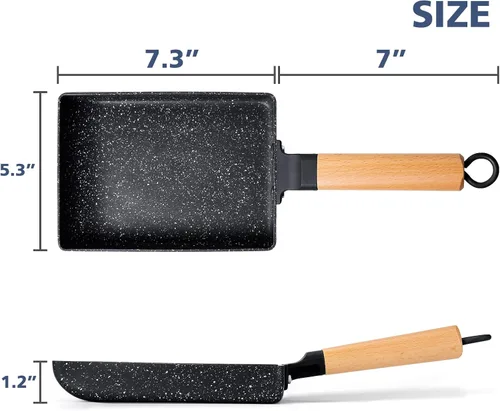 Miniatura 8 de Sartén cuadrada con revestimiento cerámico japonés Tamagoyaki para tortilla, pequeña sartén rectangular antiadherente con asa de madera (Gris oscuro)