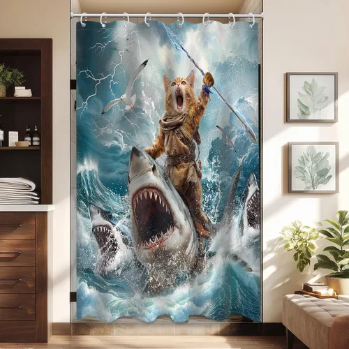 Miniatura 14 de Divertida cortina de ducha con diseño de gato de surf, tiburón, divertida, náutico, océano, océano, mar, ondas, animales, novedad, 72 pulgadas