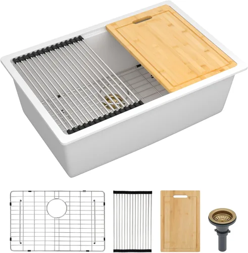Miniatura 10 de Fregadero de preparación de barra de montaje inferior de 12 x 16 pulgadas, color negro mate, compuesto de cuarzo, clásico bajo encimera, lavabo