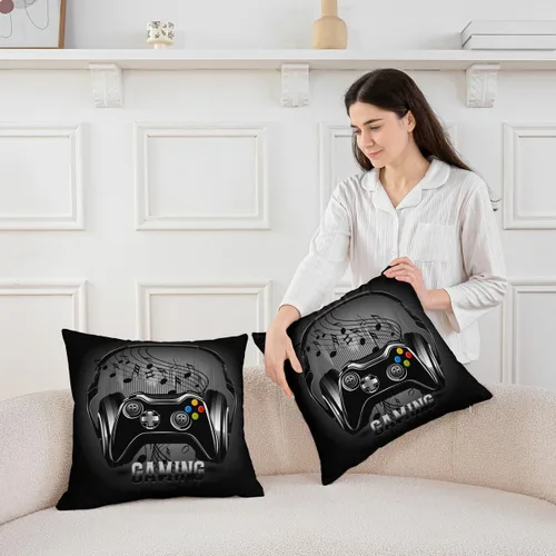 Miniatura 3 de Juego de 2 fundas de almohada con estampado de consola de videojuegos, para el hogar, sala de estar, notas temáticas musicales reversibles