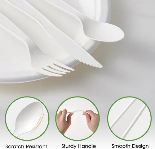 Miniatura 7 de ECOLipak Juego de cubiertos compostables de 350 piezas, 7 pulgadas, de gran tamaño, biodegradables, desechables, 150 tenedores, 100 cucharas, 100