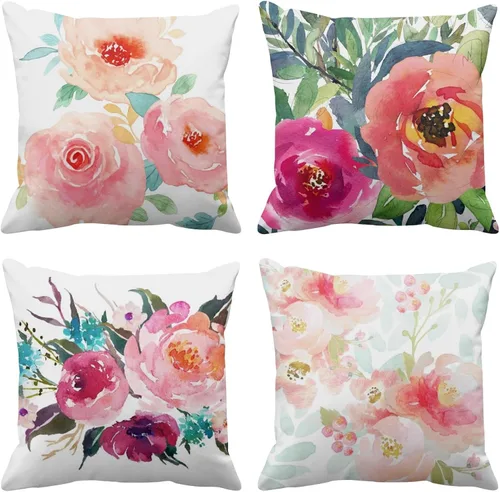 Emvency Juego de 4 fundas de almohada de peonías de verano acuarela floral rosa flor femenina pastel menta colorida fundas de almohada decorativas