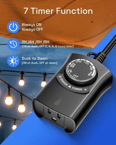 Miniatura 2 de HBN - Temporizador de luz exterior con control remoto, temporizador de sensor de luz impermeable, alcance inalámbrico de 100 pies, 1 toma de tierra