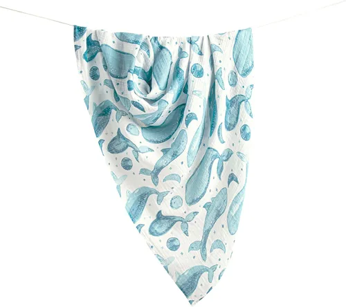 Miniatura 2 de Crane Baby Manta Envolvente de Muselina 100% Algodón, Océano Caspio - Juego de 2, 47" x 47" - Mantas Envolventes para Recién Nacidos y Bebés Ballena