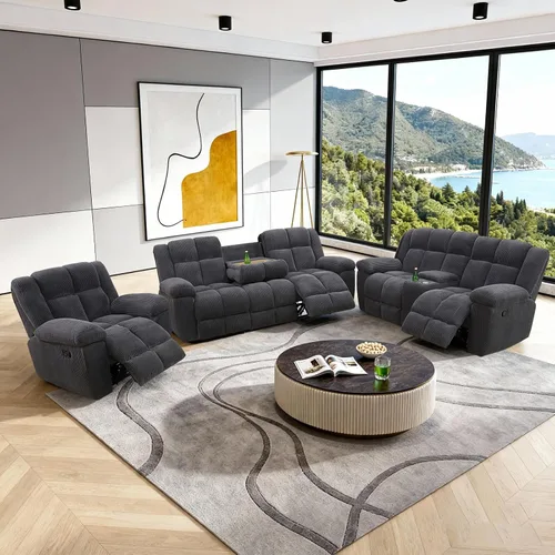 Miniatura 11 de Juego de sofá reclinable seccional con almacenamiento, juegos de muebles de pana para sala de estar, juego de sofá reclinable con portavasos, Beige