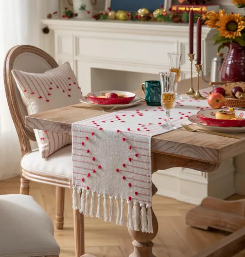 Miniatura 3 de Camino de Mesa Navideño de 13 x 108 Pulgadas de Largo, Algodón Natural Tejido con Borlas para Decoraciones Navideñas del Hogar y Comedor, para Rojo