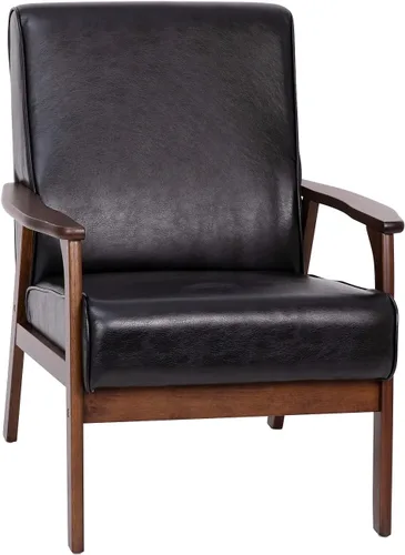 Flash Furniture Langston Silla comercial moderna de mediados de siglo, tapicería LeatherSoft negra, marco y brazos de madera con acabado de nogal,