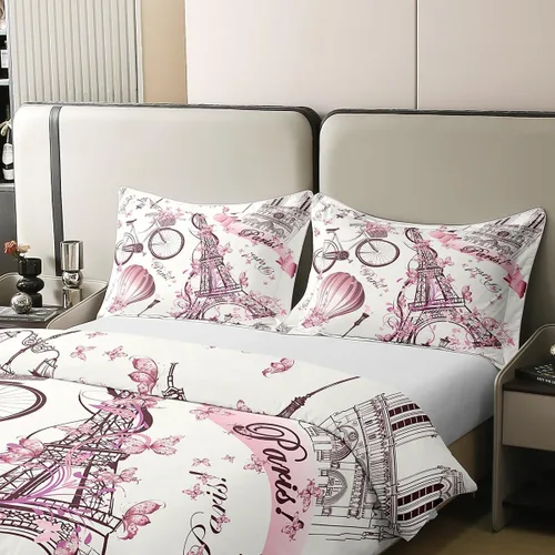 Miniatura 4 de Juego de funda de edredón de 100 % algodón natural con diseño de la Torre Eiffel para parejas, juego de ropa de cama floral rosa, funda de edredón