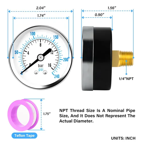 Miniatura 2 de MEANLIN MEASURE Medidor de presión en seco de 0 ~ 240Psi Hierro Niquelado 1/4 "NPT 2" Face Dial WOG Agua Aceite Aire Centro Montaje Trasero
