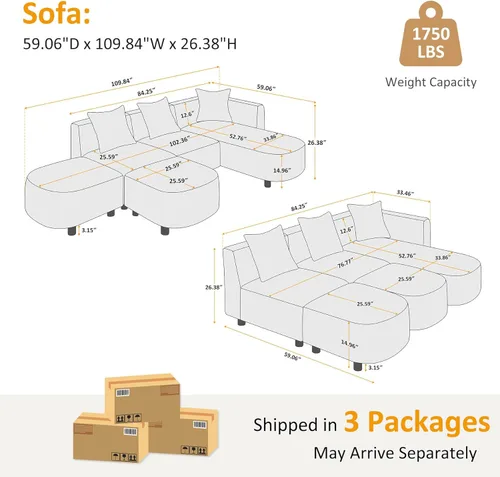 Miniatura 2 de VANOMi 279 cm Sofá modular seccional con 3 almohadas, cómodo sofá de chenilla en nube convertible de 5 plazas con reposapiés, sofás seccional