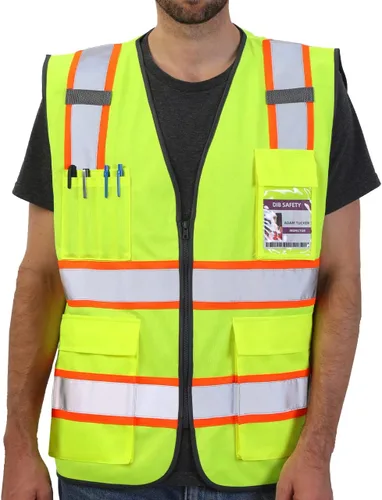 Dib Safety Chaleco reflectante de alta visibilidad en dos tonos con bolsillos y cremallera, cumple con ANSI Clase 2, amarillo con ribete naranja, XL