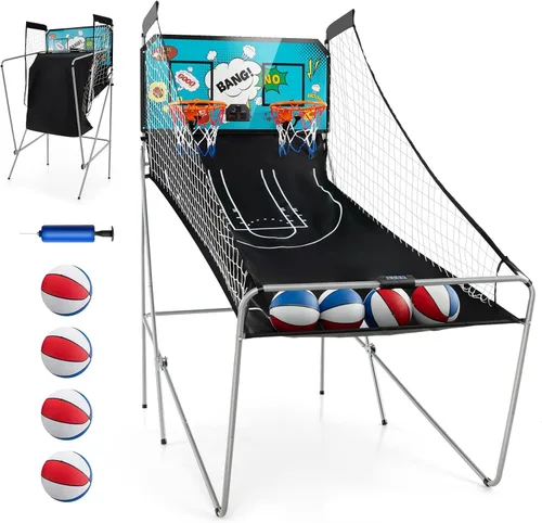 Miniatura 13 de GYMAX Juego de Baloncesto Arcade Interior Plegable con 8 Modos de Juego, Sonido de Arcade, 4 Pelotas y Bomba de Inflado, Juegos de Baloncesto
