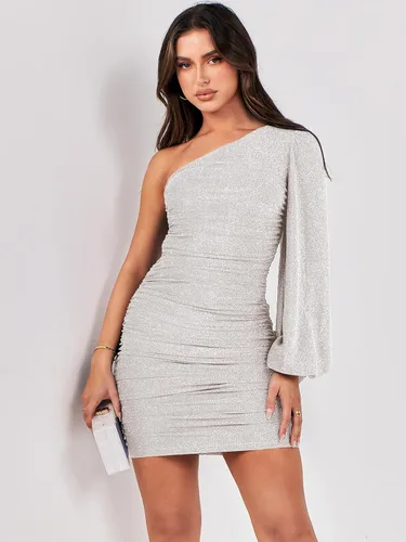 Miniatura 4 de ANRABESS Vestido corto de cóctel de un hombro para mujer, con purpurina, sexy, fruncido, entallado, para fiesta, graduación, vestido corto formal