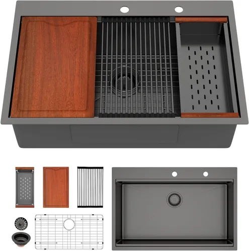 Miniatura 8 de Fregadero de cocina negro de 30"x19", estación de trabajo con revestimiento nano, acero inoxidable 304 calibre 16, hecho a mano, montaje superior