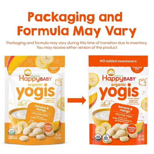 Miniatura 5 de Happy Baby Organics Yogis Snacks liofilizados de yogur y frutas, plátano y mango, bolsa de 1 onza (paquete de 8) el embalaje puede variar