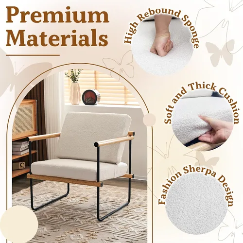 Miniatura 8 de Silla decorativa de tela Boucle de 29 pulgadas para dormitorio, sillón moderno para sala de estar, sillón de lectura tapizado con brazos de metal
