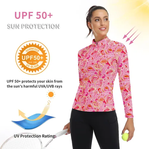 Miniatura 184 de WOWENY Camiseta deportiva de manga larga para mujer, con cremallera de un cuarto, cuello para entrenamiento, camiseta de tenis con estampado