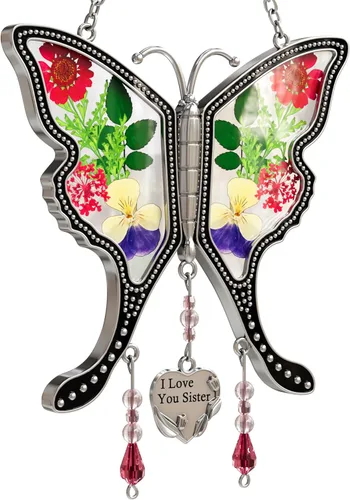 Miniatura 3 de KY&BOSAM Atrapasoles de mariposa con texto en inglés "I Love You Sister" para ventanas con flores secas y prensadas reales, dije de corazón grabado