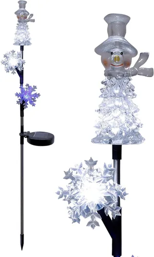 Miniatura 14 de Alpine Corporation Juego de 2 estacas solares de jardín de muñeco de nieve de 34 pulgadas de alto con luces LED de fibra óptica blanca, juego de 2