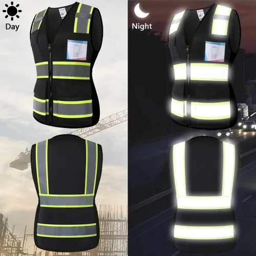Miniatura 2 de Chaleco de seguridad reflectante negro para mujeres con 8 bolsillos y cremallera de malla de alta visibilidad chaleco de trabajo de construcción